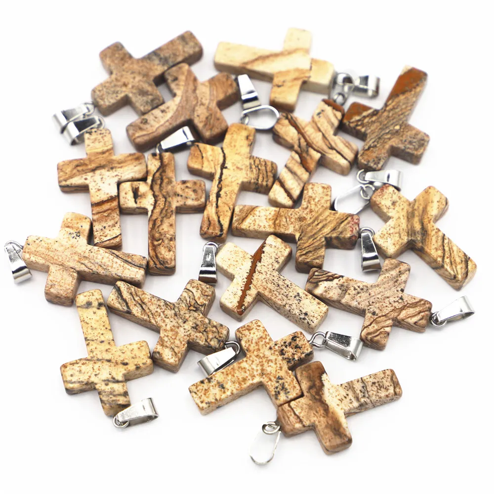 Hot Fashion Natural Picture Stone Cross Reiki Shape Pendants Charms for Women Necklace Jewelry Making 25*18MM 25PCS Wholsale