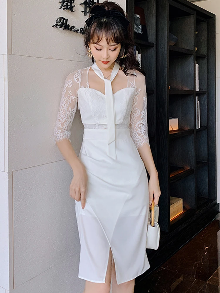 Elegant Sexy Women Dress White Tie Bandage Midi Sheer Lace Satin Spliced Hook Flower Hollow Bodycon Skinny Femme Clothes Party