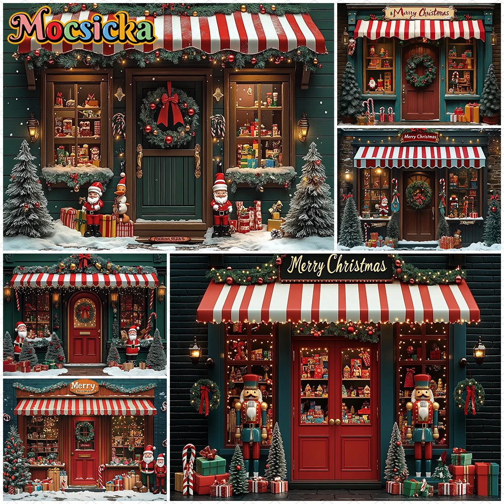 

Mocsicka Christmas House Background Photography Gift Tree Party Santa Claus Children Photo Backdrop Snow Door Decorations Banner