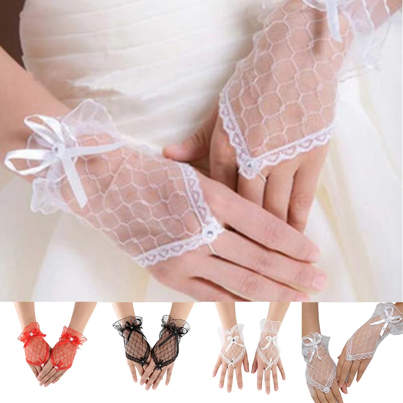 Lace Fingerless Bride Gloves Elegant Bowknot Rhinestone Tulle Short Gloves White Black Mittens Wedding Party Accessories