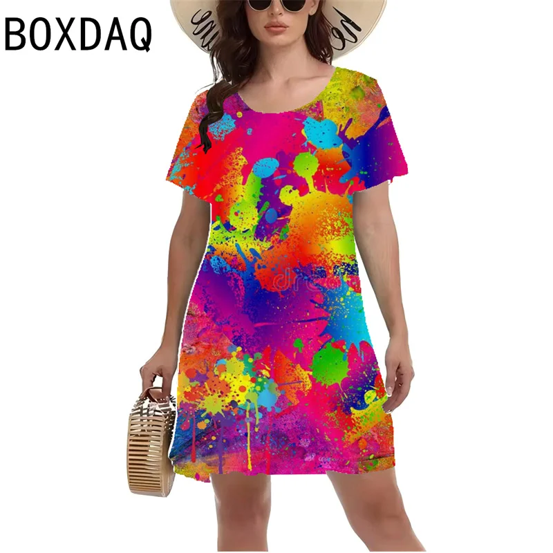 Damska sukienka na co dzień kolorowa 3D Tie-dye gradientowa drukowana Mini sukienka letnia krótka O-Nexk linia Mini sukienka Vestidos