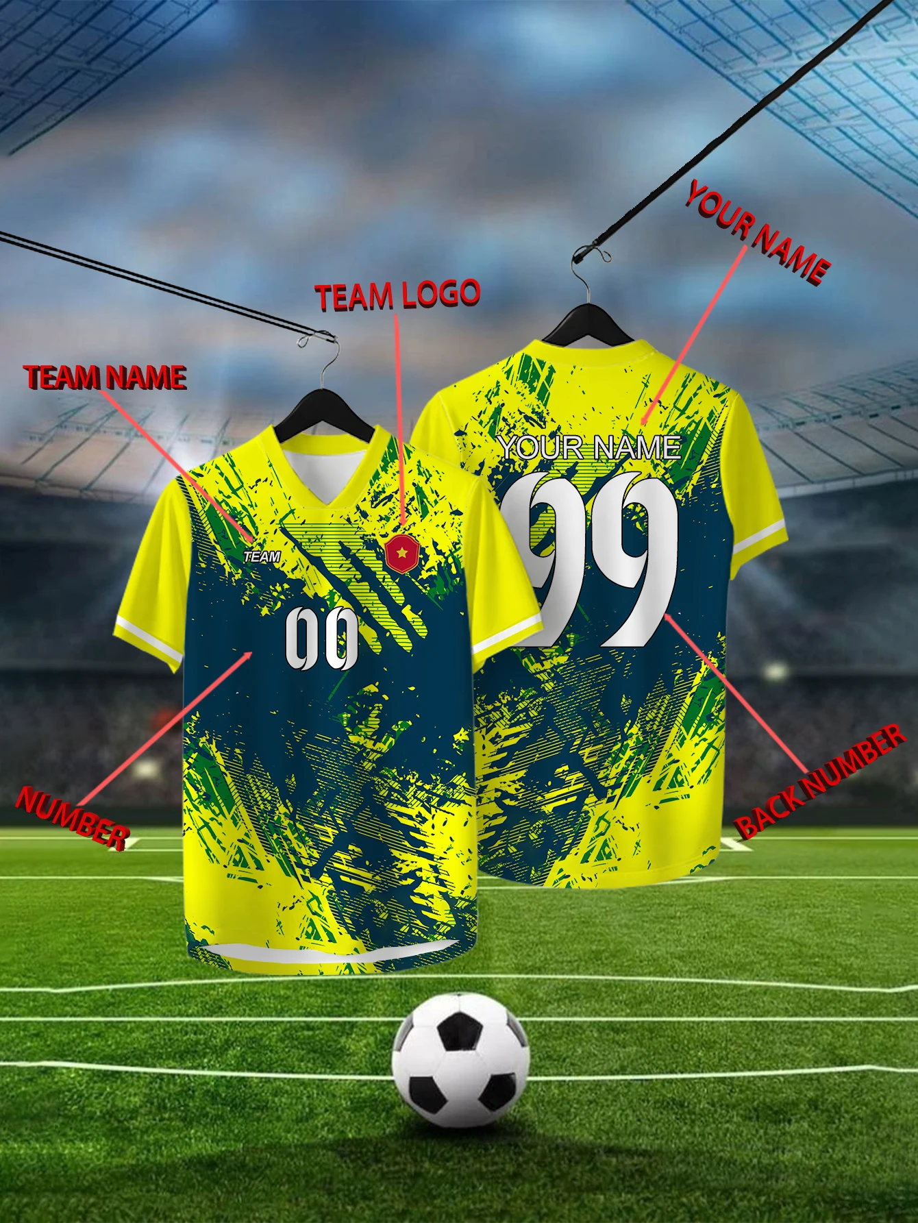 

Customized Geometric Yellow Short Sleeved Shirt with Team Name, Emblem, Name and Number, Outdoor Sports Short Sleeved T-shirt