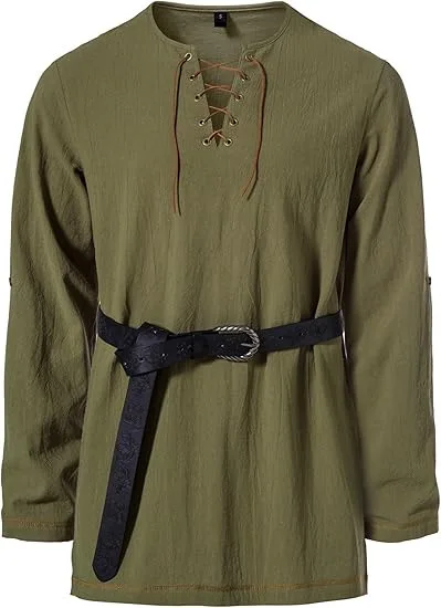 Mittelalterliches Schnür-Tunika-Hemd für Herren, Renaissance-Wikinger-Piraten-Kostüm, langärmliges Retro-Oberteil mit Gürtel für Halloween-Cosplay – Detail 18