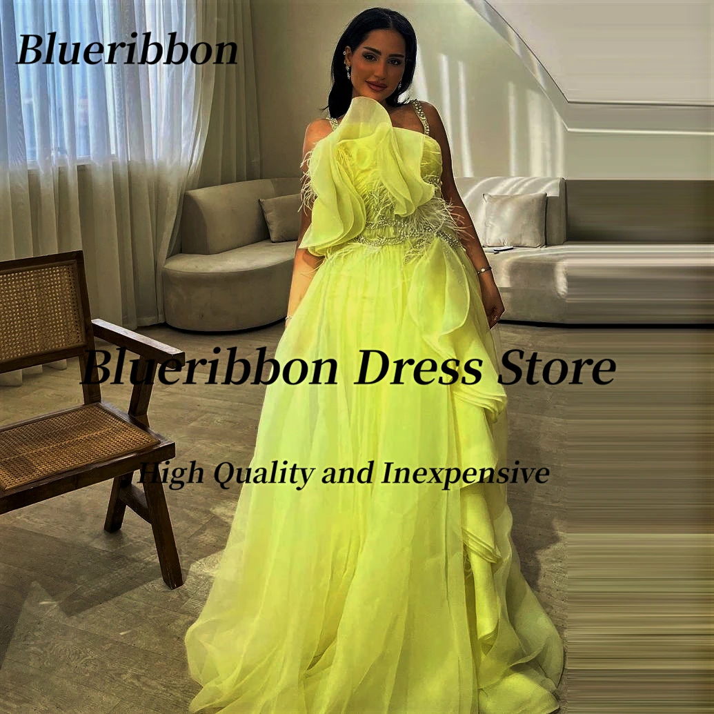 Blueribbon Vestidos De Noches Beaded Feathers Luxury Prom Dresses 2024 Spaghetti Straps Birthday Party Formal Evening Gowns