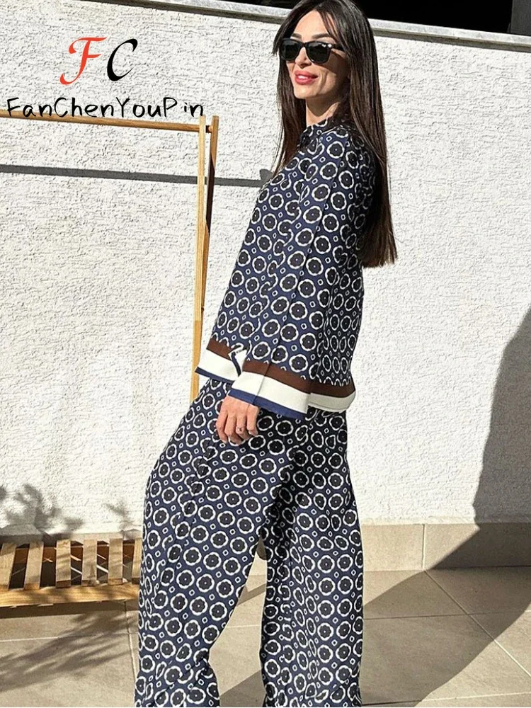 Nieuwe Damesset Mode Casual Print Elegant Shirt Met Lange Mouwen, Losse Broek Met Wijde Taille En Wijde Pijpen, Luiheid 2-delige Set Dames