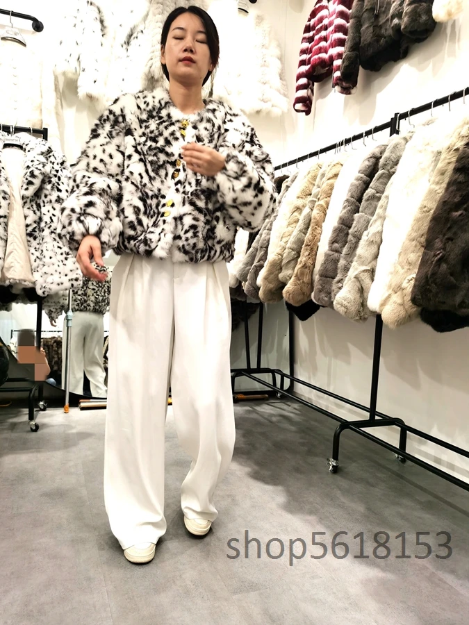 New one leopard print real fur all-in-one warm rabbit fur stitching short loose Coat