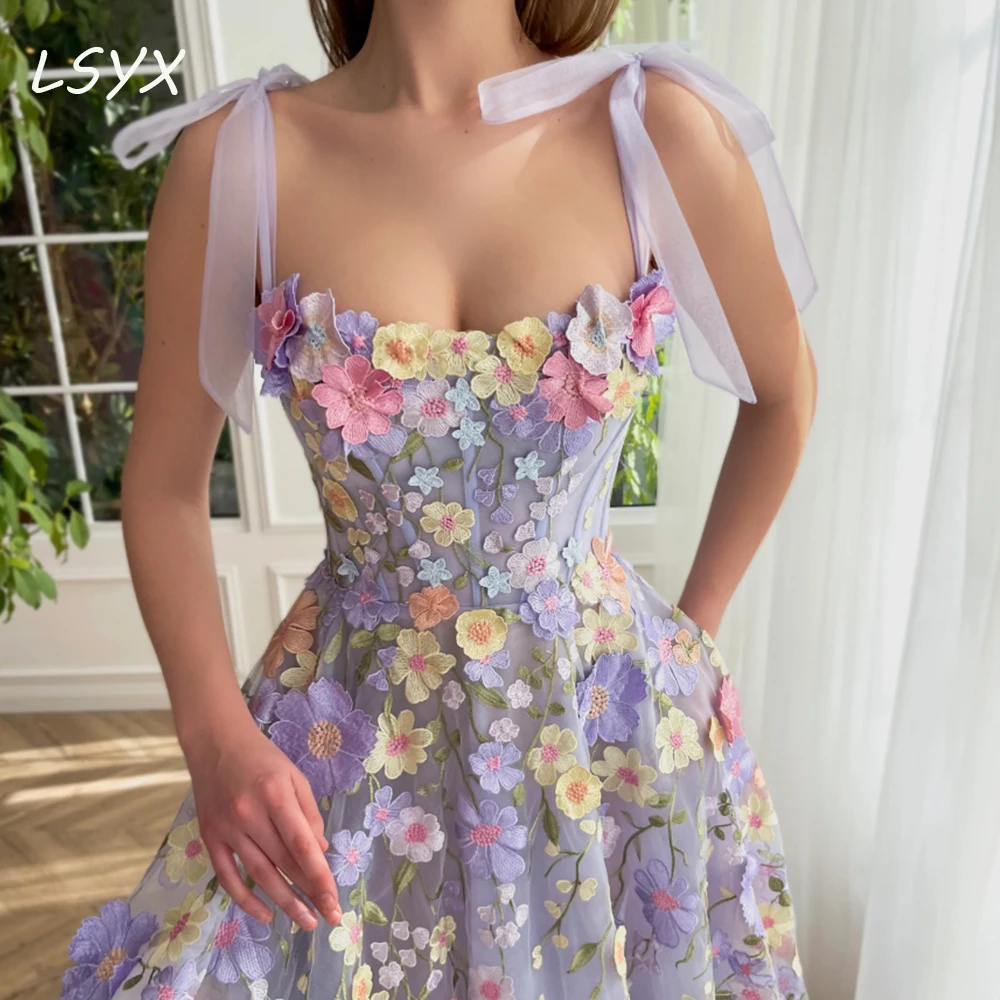 LSYX abito da sera con spalline sottili per donna 2024 A Line Appliques floreali Backless squisiti abiti da ballo Robes De Soiree