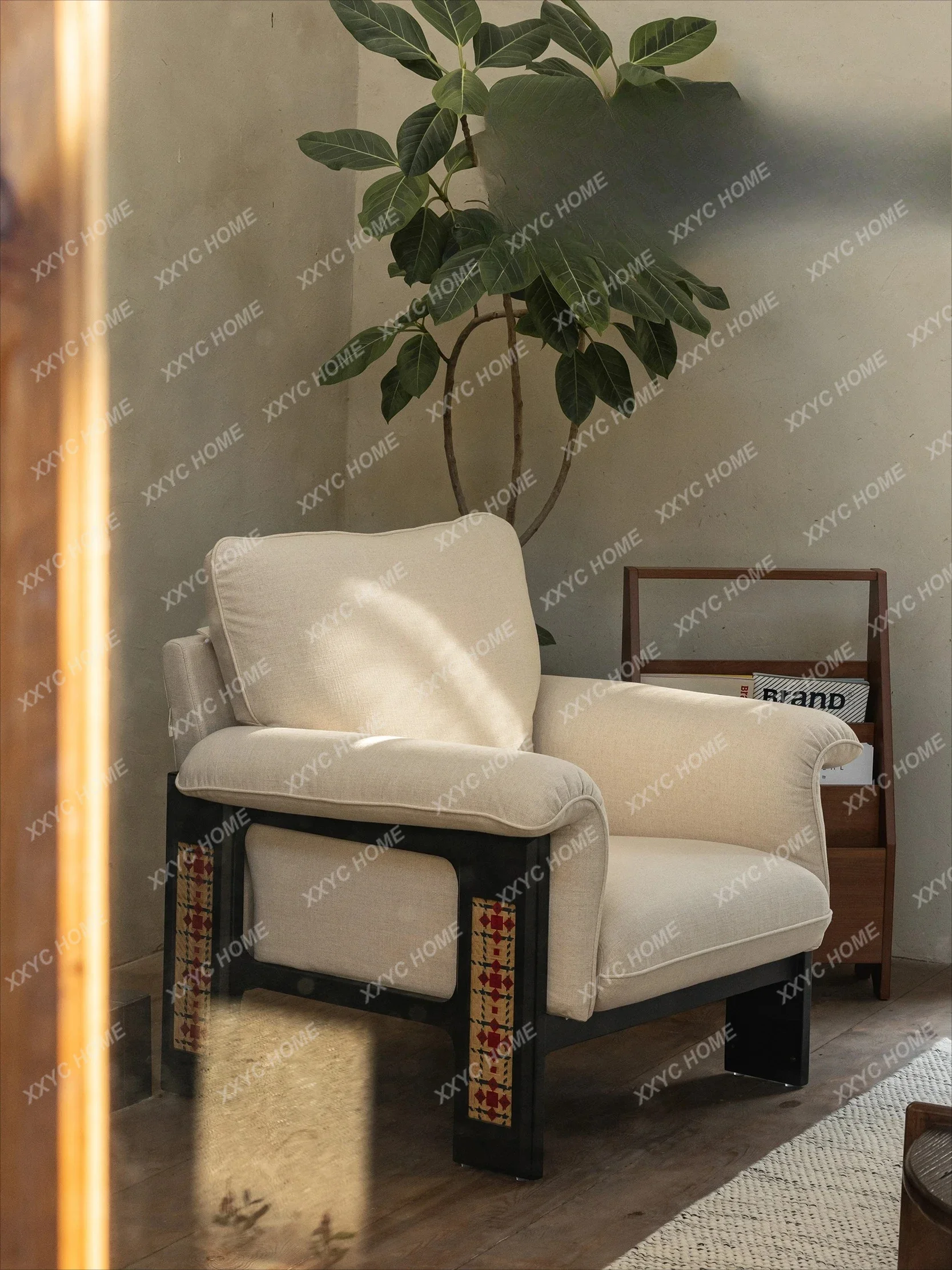 A  Cloud gauze chair, bamboo woven single cotton linen fabric sofa, French vintage solid wood lounge chair