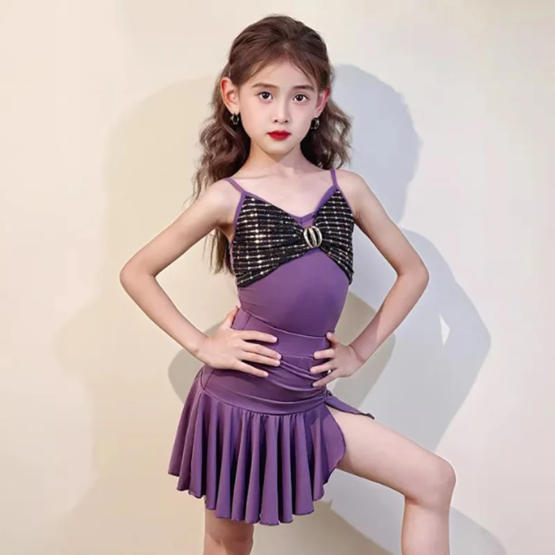 

Детский костюм для латиноамериканских танцев для девочек: комбинезон на тонких бретелях и плиссированная юбка с разрезом, для бальных танцев, тренировок и соревнований