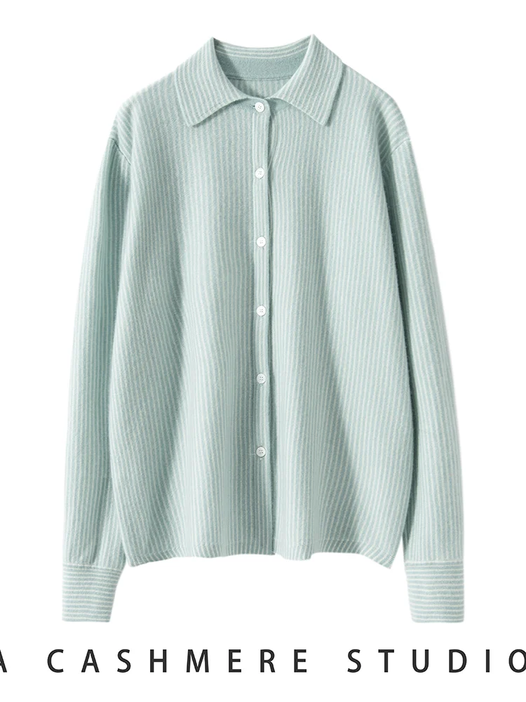 Nowy Elegancki Damski Sweter Kaszmirowy 100% Pionowe Paski Kołnierzyk Koszulowy Kaszmirowe Guziki Kardigan Biurowy Jesienno-Zimowy Wygodny Top