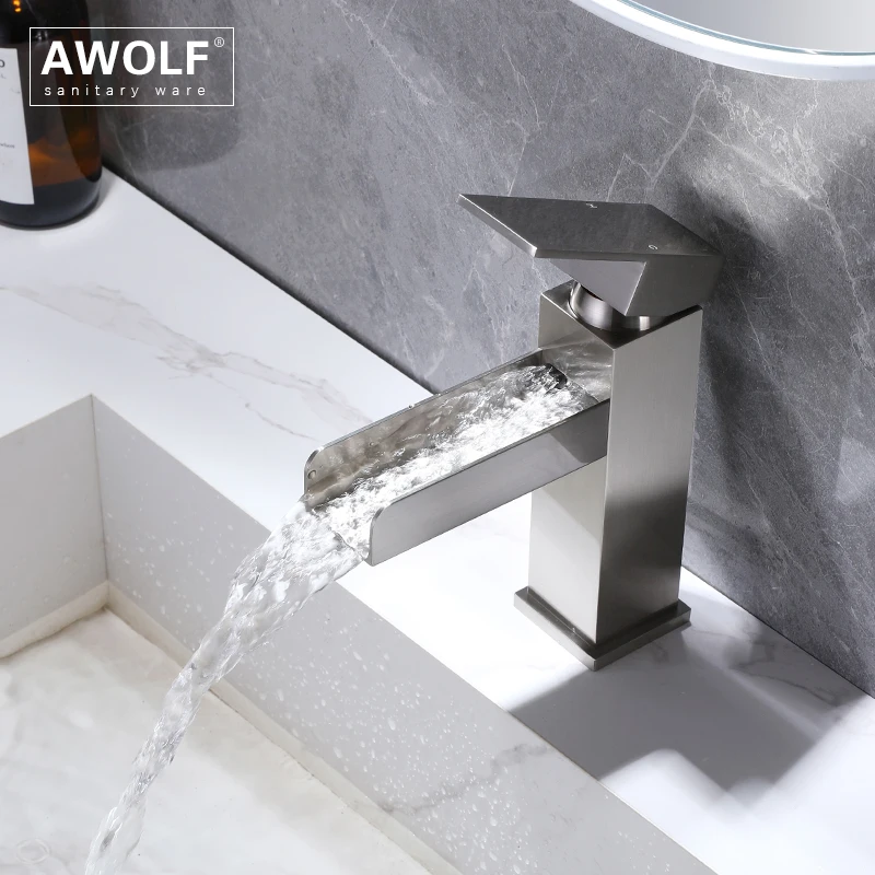 Awolf Nickel Brushed Bathroom Basin Faucet Solid Brass Hot and Cold Mixer Tap Deck Mounted Waterfall Sink Faucet Tap ML8133