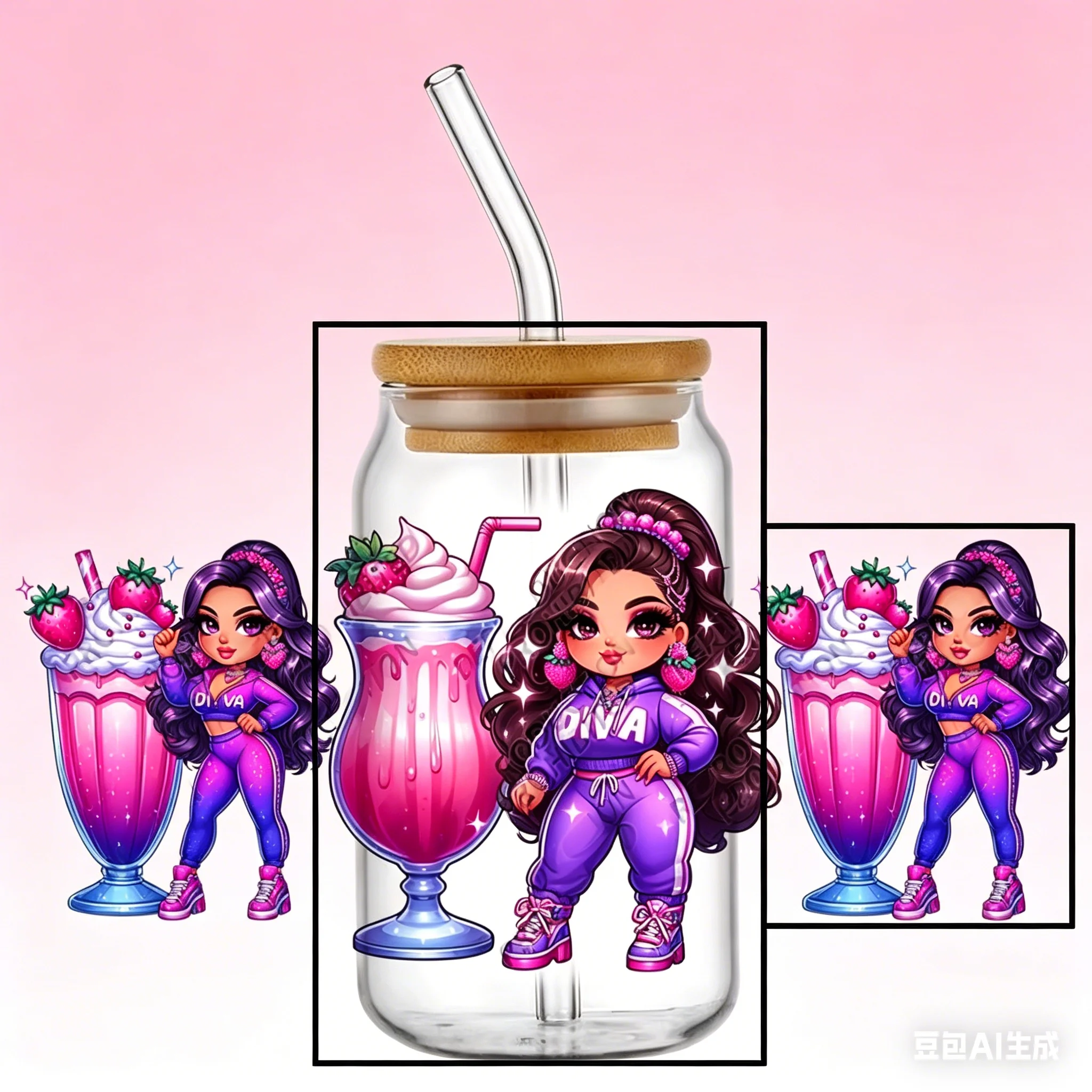 Women Cartoon Delicious beverage UV DTF Transfer Sticker Cup Tumbler Wrap for 16oz Libbey Glasses Wraps Bottle DIY Mug Stick