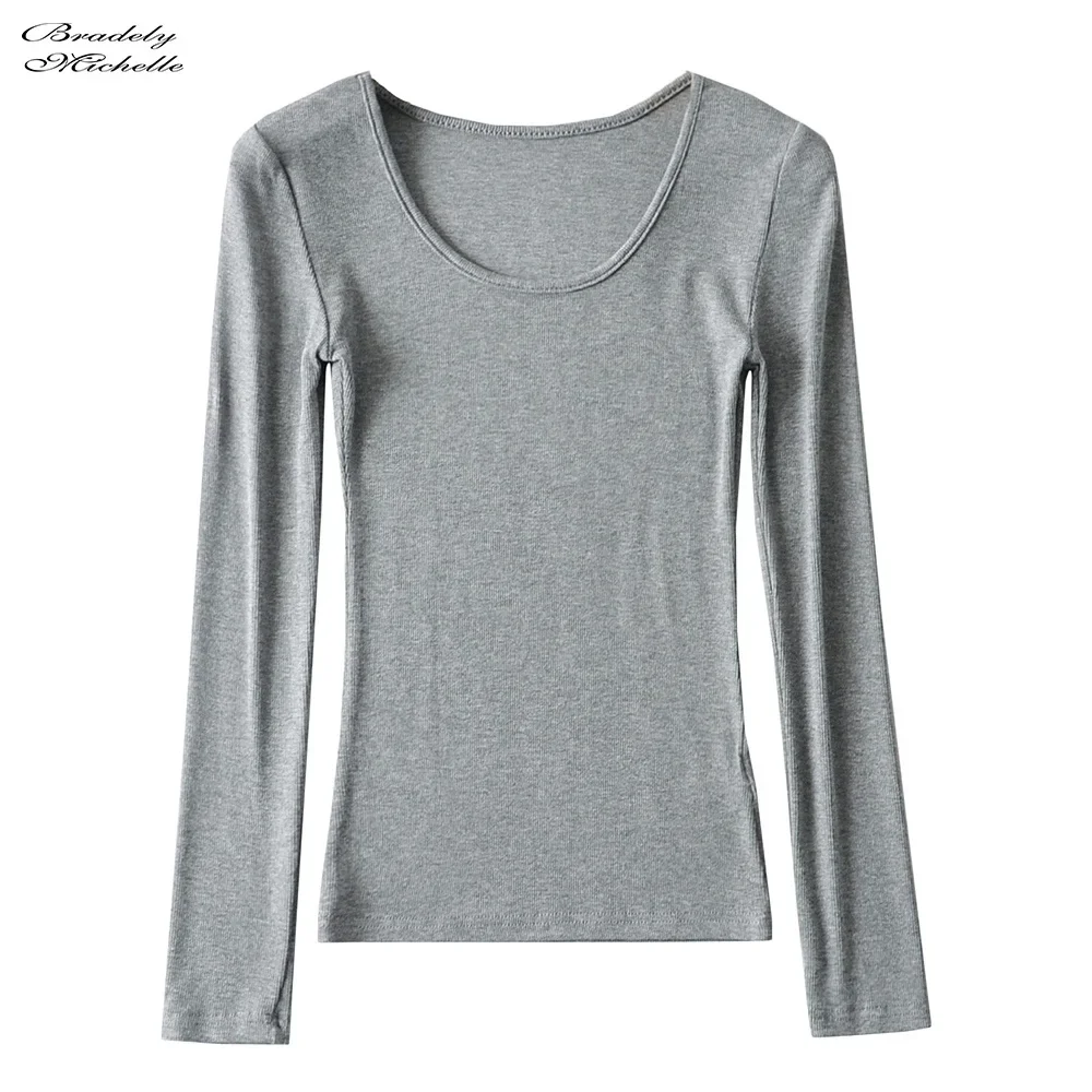 BRADELY MICHELLE Made Women Clothing Tops Fit Casual Elastic Cotton Solid O-neck Full Sleeve T-shirt Women