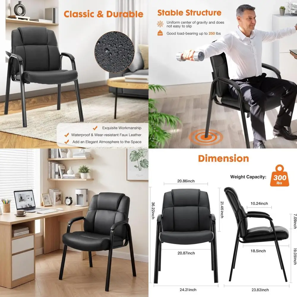 

Leather High-Back Office Chair without Wheels, Comfortable Padded Arms, Ideal for Conference Rooms and Lobby Areas, Black