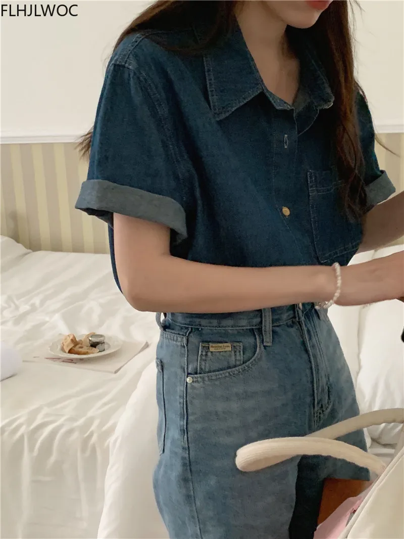 Button Blue Jeans Denim Korea Cute Shirt Design Women Japan Girl Vintage Retro Top Blouse 2022 Chic Korea Fashion Clothes