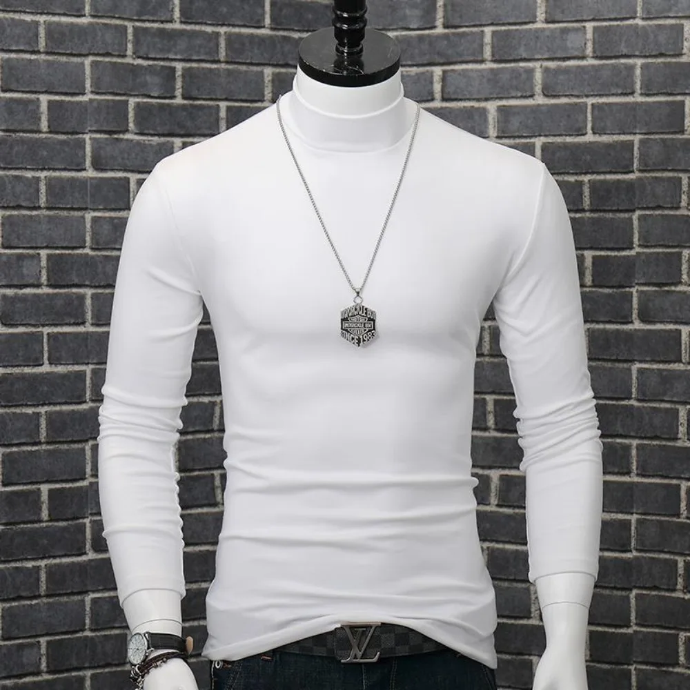 Fashion Men\'s Autumn Winter T-Shirt Casual Turtleneck High Collar Long Sleeves Solid Color Slim Top Clothes Outerwear Undershirt