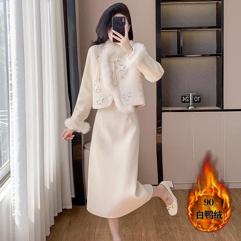 New Winter Women Thicken Warm Woolen Skirt Suits Chinese Style Embroidery Short Coat And High Waist Long Skirt Two Piece Set