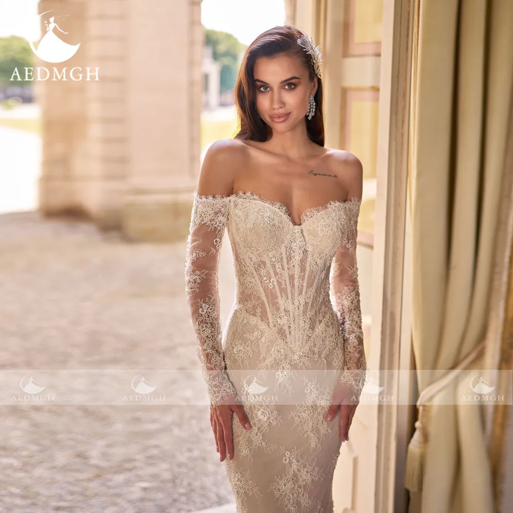 Aedmgh Mermaid เซ็กซี่ชุดแต่งงานสําหรับผู้หญิงปิดไหล่ Vestido De Novia ลูกไม้เย็บปักถักร้อย Vintage Custom Made ชุดเจ้าสาว