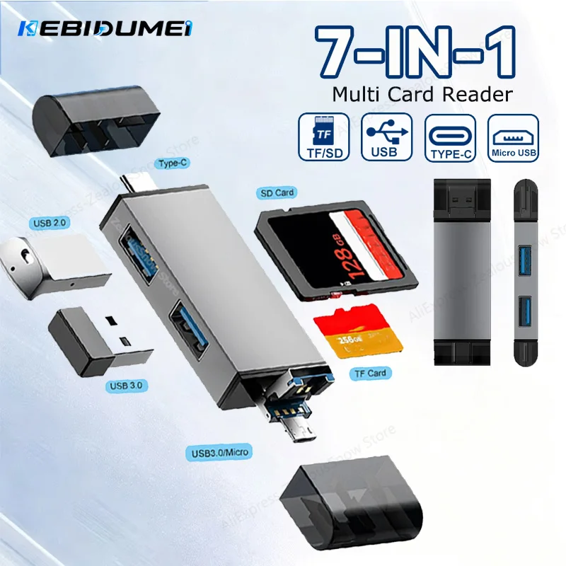 Многофункциональный-кардридер-kebidumei-7-в-1-usb-30-type-c-для-карт-памяти-sd-tf-otg-адаптер-для-ПК-и-ноутбуков