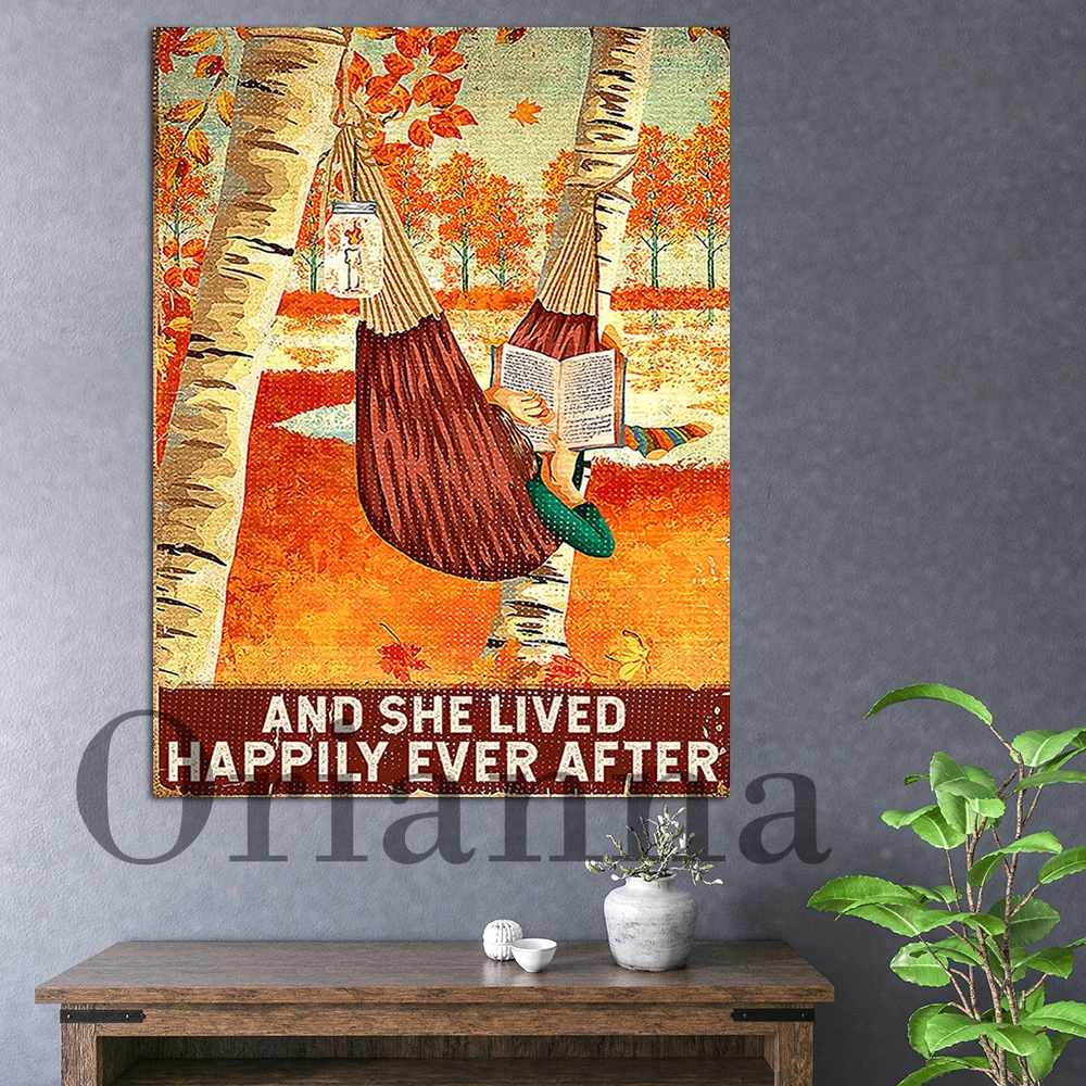 Book And She Lived Happily Ever After Canvas Poster,Print Retro Canvas Painting Reading Book Art Print, Reading Book Lovers Gift