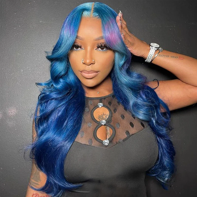 Blue Purple Ombre Ready To Go Body Wave Lace Frontal Wigs For Women 13X6 13X4 Ready To Go Synthetic Wigs Pre Cut 6X4 Lace Wigs