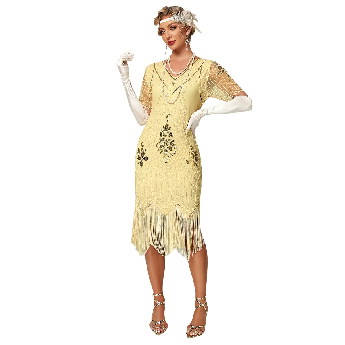 New Women's Red Apricot Flapper Dresses 1920s Sequins Art Deco Gatsby Cocktail Dress with Sleeve Sexy V-neck Fringe Fancy Dress