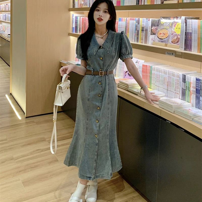 

2024 Summer New Women Denim Dress Retro Slim Long Jeans Dress Doll Collar Short Sleeve Casual High Street Pockets Dresses Female