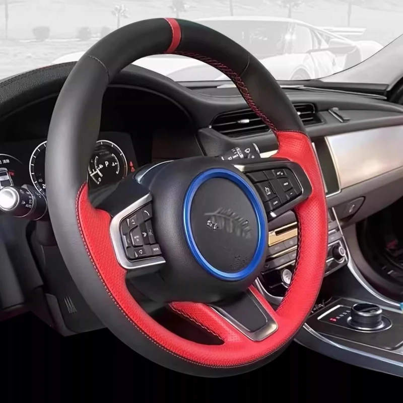 

For Jaguar XFL XE XJL F-PACE Hand-stitched black red genuine Leather non-slip Sporty style car Steering Wheel Cover