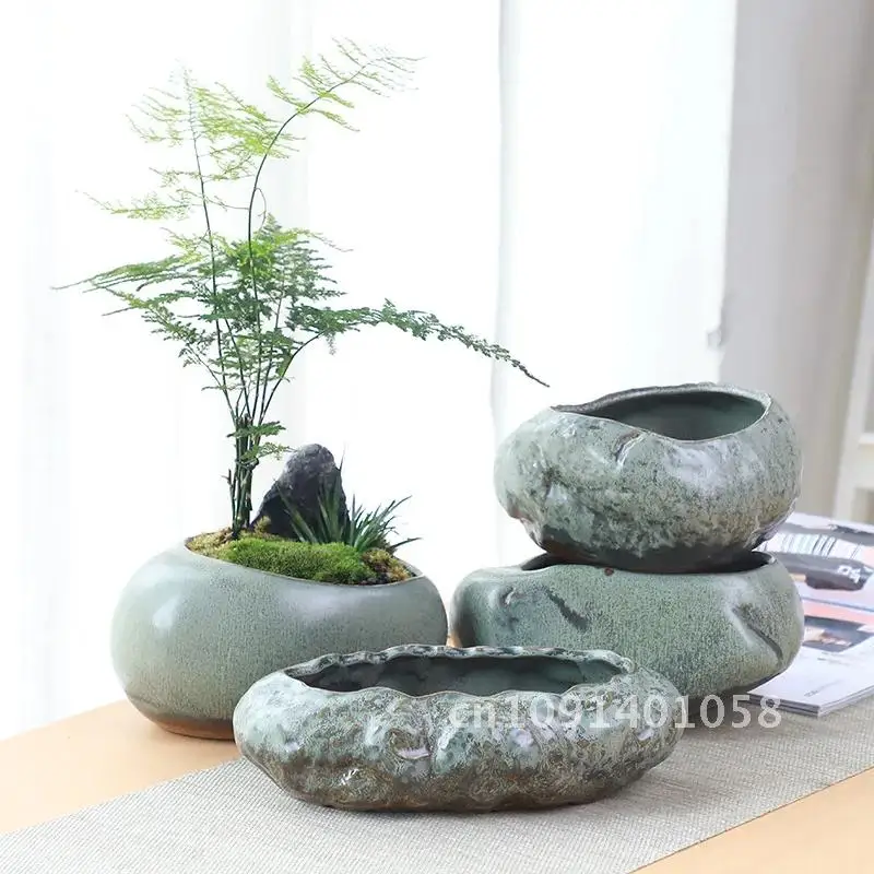 Retro Ceramic Flower Pot Creative Desktop Home Succulent Green Planted Bamboo Potted Utensils Chinese Pastoral