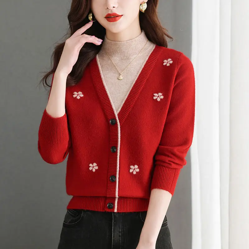 Half Height Collar Sweater Ladies Office Lady Buttons Long Sleeve Oversized Fake Two Pieces Autumn Winter All-match Knitting Top