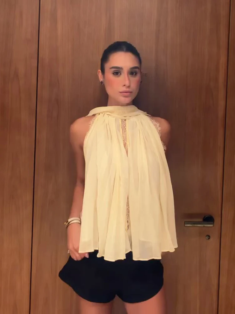 Spitzen-O-Ausschnitt Schicke Schal-Bluse für Damen, Ärmellos, Einknopf, Elegant, Einfarbig, Kurzes Casual-Mode-Oberteil für Damen, Sommer 2026