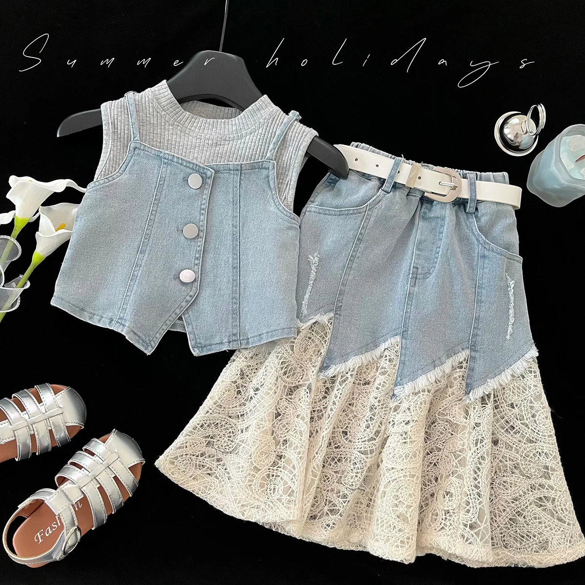 2026 New Summer Girls 3Pcs Outfit, Lace Spliced Irregular Denim Skirt & Denim Cami Top Set   for  90-150cm