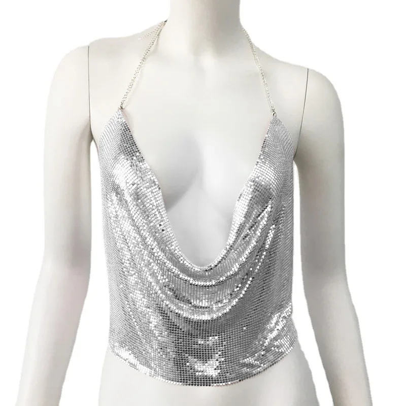 Camisola de metal cristal sexy com diamantes para mulheres, top sem alças, strass sem costas, roupa de boate glitter, verão, 2024