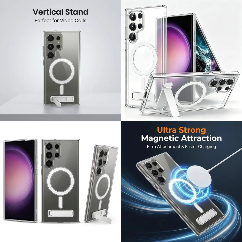 Magnetic Stand Cover for Samsung Galaxy S21 S22 S23 FE S24 Ultra Plus S25 S26 Full Body Wireless Charging Shockproof Hard Cover