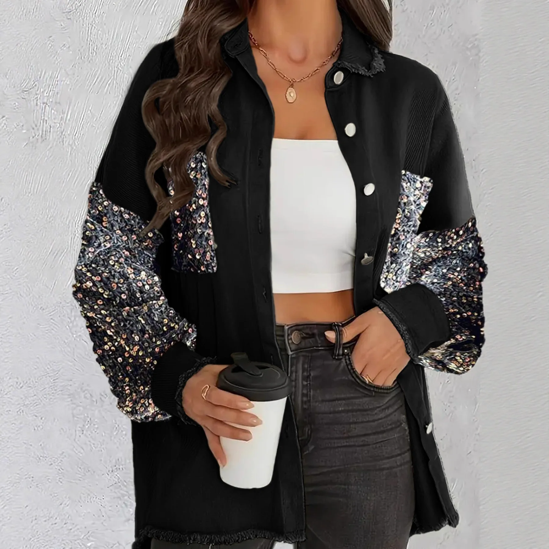 Autumn New Fashion Sequined Women Denim Jacket Simple Splicing Female Casual Fringed Jackets