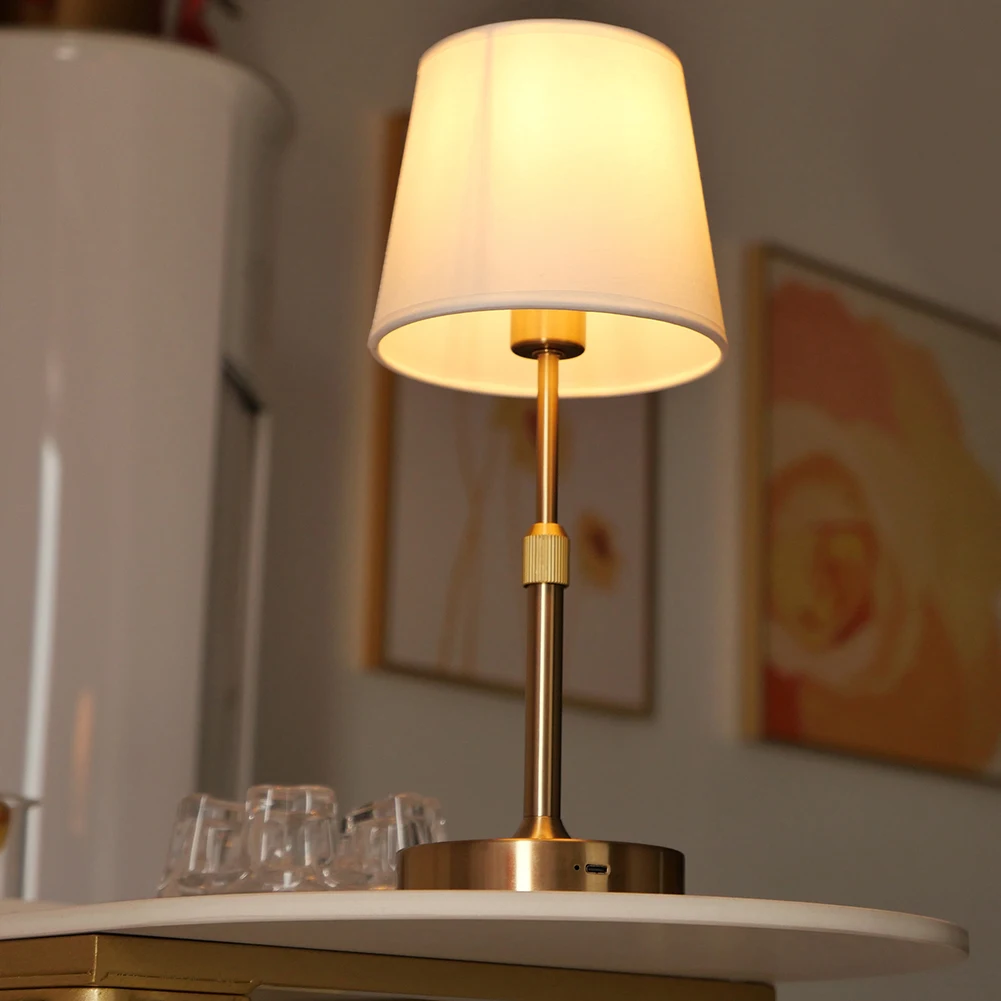 Cordless LED Metal Table Lamp USB Rechargeable 5200mAh Portable Fabric Shade Desk Lamp 2200K Warm Light Bedside Dining Room Lamp