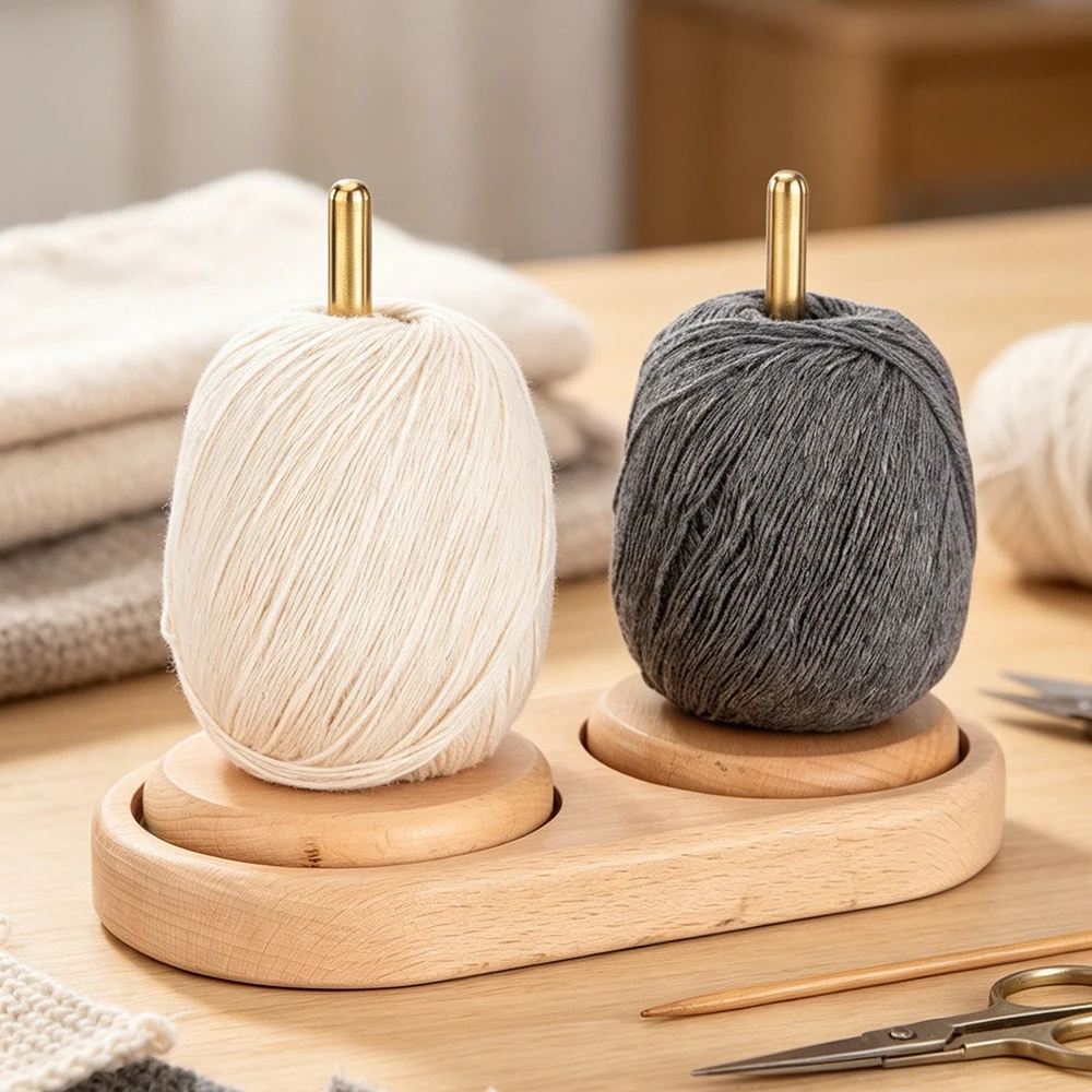 QJH 1 Set Dual-Axis Wooden Yarn Holder with Twirling Mechanism - Sturdy Crocheting Spindle for Twirling Yarn, Knitting Projects