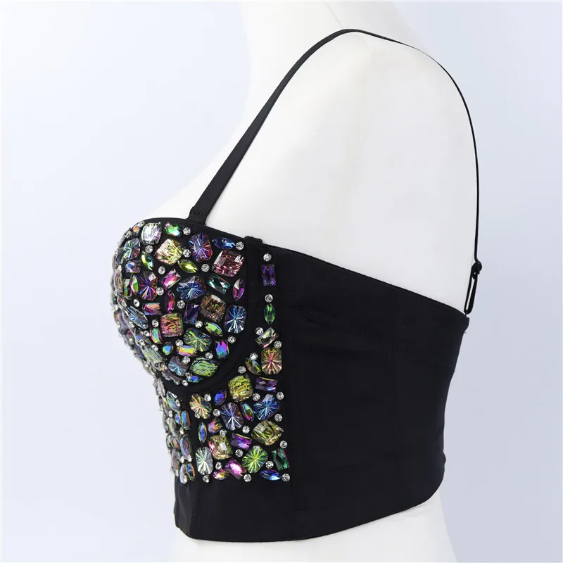 Heavy Beadings Lady Corset Rhinestones Charming Bustier Colorful Acrylic Stone Nightclub Party Sexy Female Camis Women Crop Tops