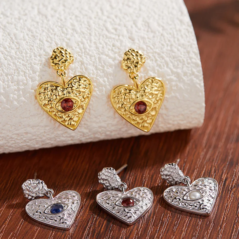 

French Advanced SenseS925Pure Silver Natural Gemstone Earrings for Women, Niche Texture, Light Luxury Heart-shaped Earrings