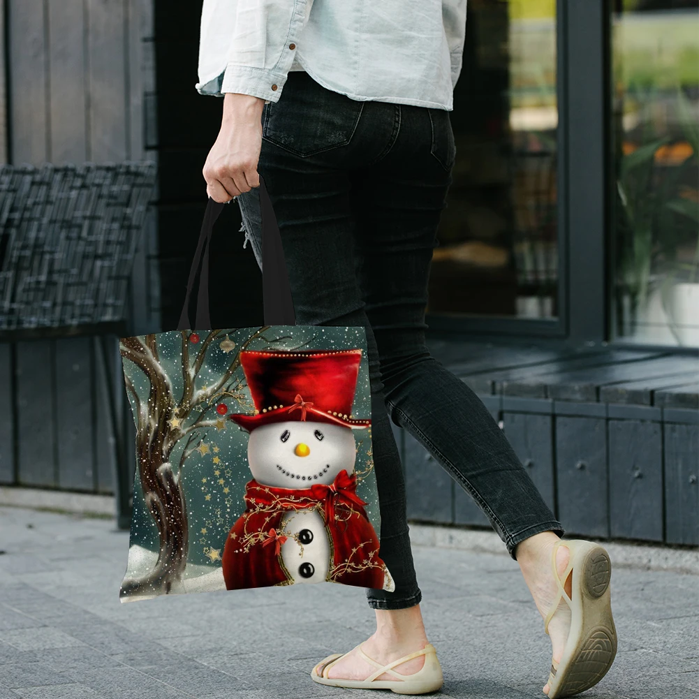 

4PCS Xmas Linen Tote Bag Handbag Large Capacity Women Shopping Shoulder Bags Linen Tote Bag