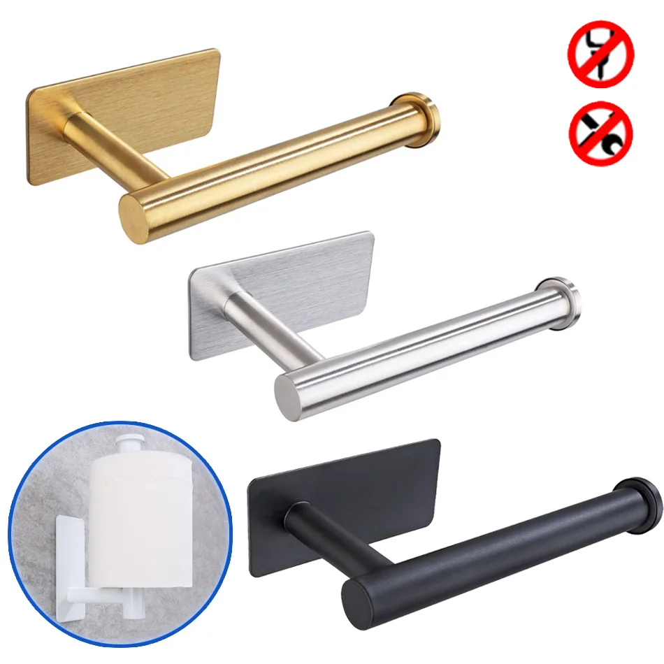 

Adhesive Paper Holder Stainless Steel Brushed Gold Black White Stand Kitchen Bathroom Toilet Paper Towel Roll Shelf Tissue Hang