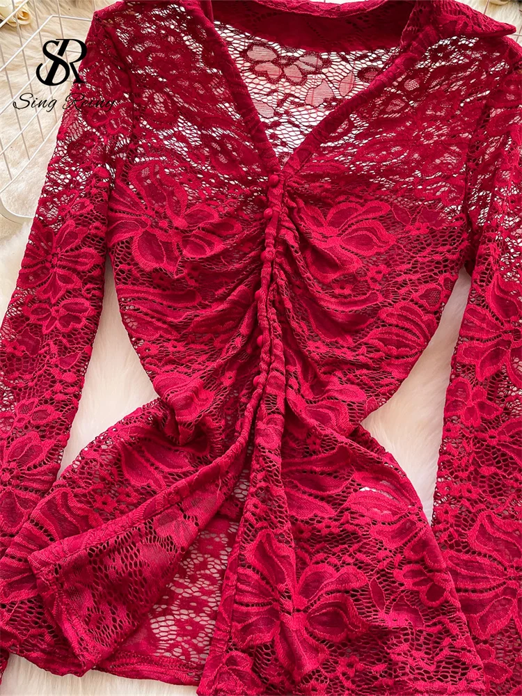 SINGREINY Embroidery Floral Lace Suits V Neck Shirring Flirty Tops+Bodycon Shorts Spring Feminine Chic Sheer Sexy 2 Pieces Sets - Image 4