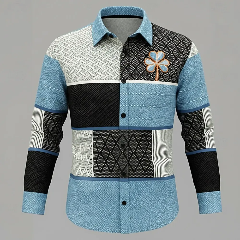 Chemise décontractée à manches longues pour homme, motif bicolore bleu et noir orné d'un logo trèfle