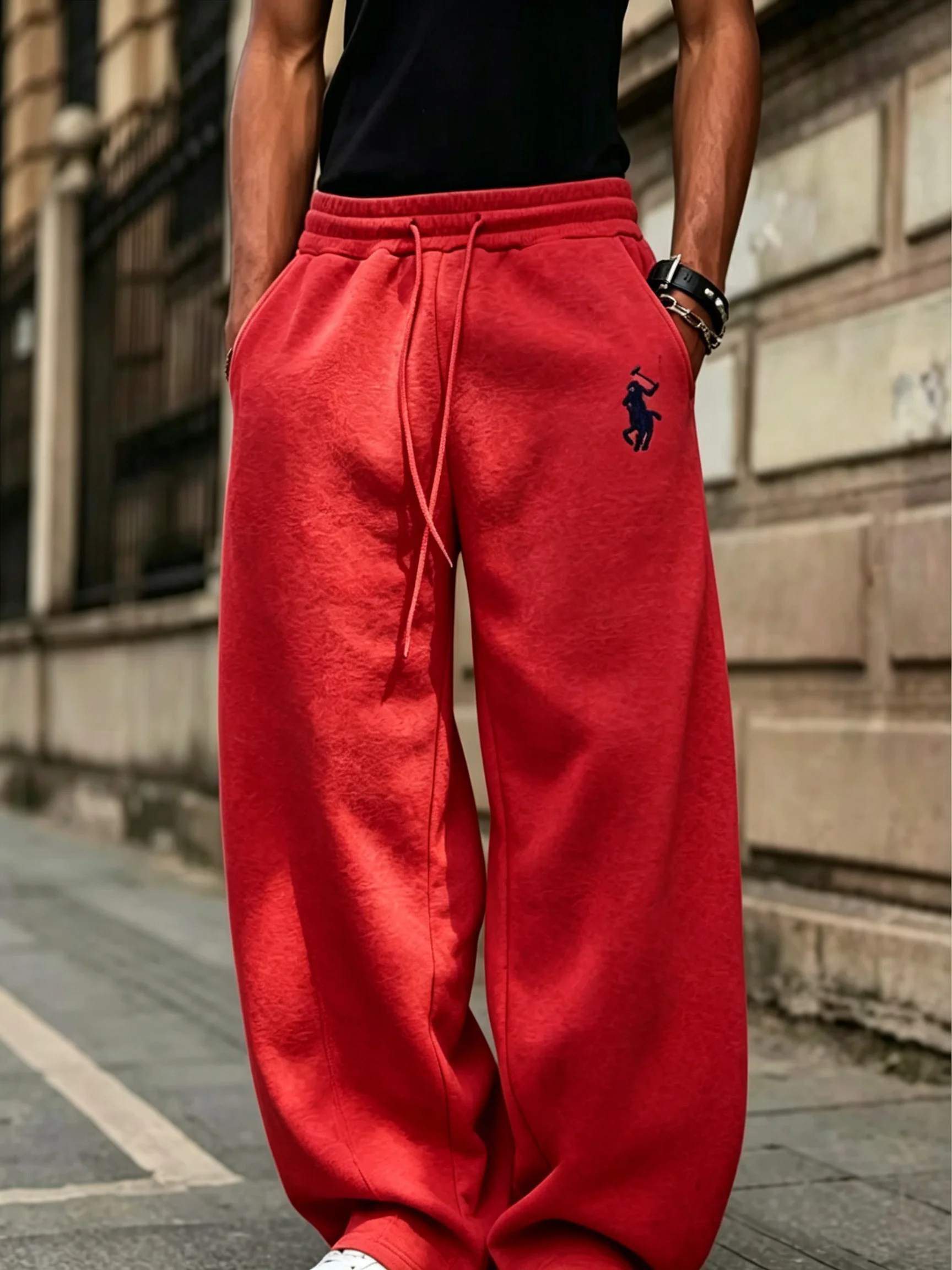 2026 Herren Streetwear Weitbeinige Jogginghose mit Hufeisenförmiger Stickerei, Lässige Sport-Langhose, Modische Weite Hose für den Herbst – Detail 10
