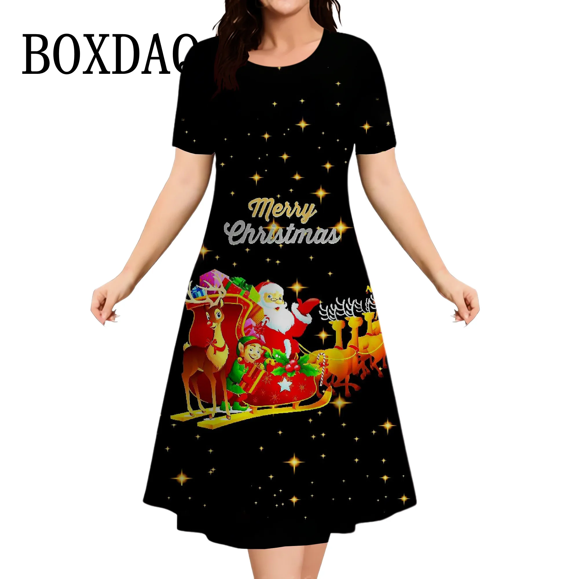 Christmas Elk Print Women Party Dress Sweet Cute Santa Claus Women Dress Fashion Loose A-Line Mini Dress Festival Famale Clothes