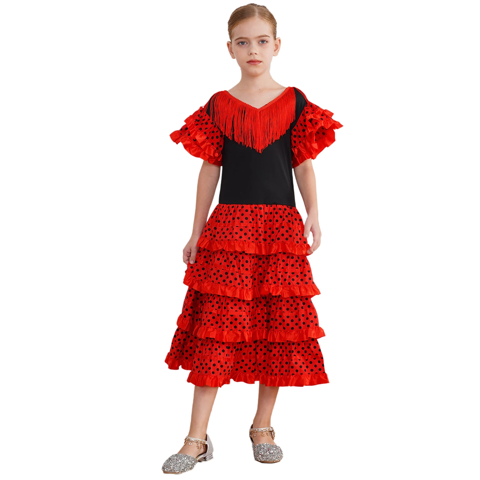 Kinderen Meisjes Flamenco Jurk Spaanse Danser Kostuum Fancy Dress Zigeuner Bull Dancewear Kwast Gelaagd Ruches Ballet Dans Tutu Jurk