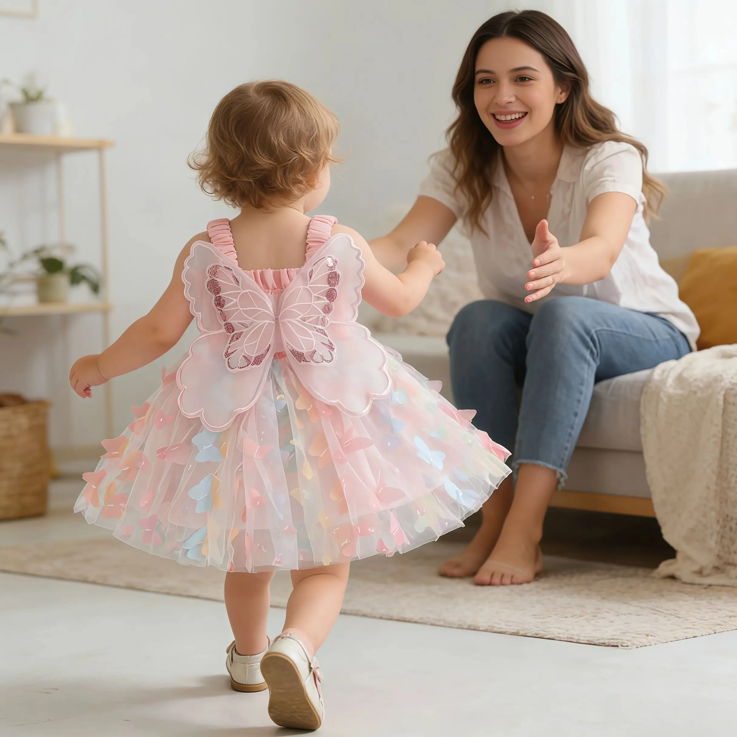 Baby Girls Party Princess Dress Summer Kids 3D Fairy Butterfly Wings Sleeveless Tulle Sling Dress Children Birthday Party Gown