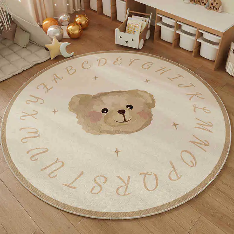 Cute Cartoon Bear ABC Alphabet Round Mat Soft Non-slip Nordic Cozy Style Kids Room Floor Rug for Nursery Play Area Decor Rug