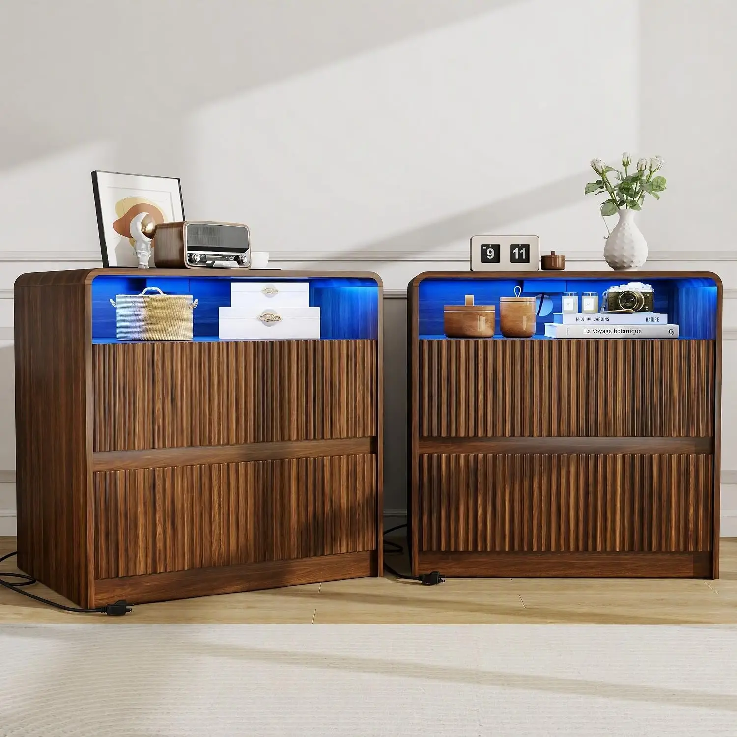 Walnut Nightstand Set of 2 with Charging Station & LED Light for Bedroom, Customized