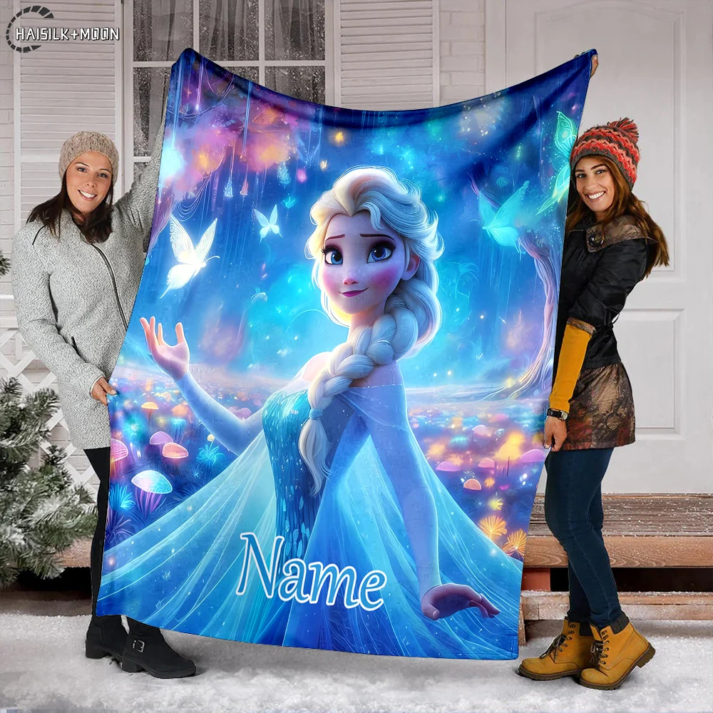 1PC Custom Name Blanket Frozen Princess Elsa Printing Suitable for Sofa, Bed, Travel, Camping, Sofa, Chair and Bed Holiday Gifts